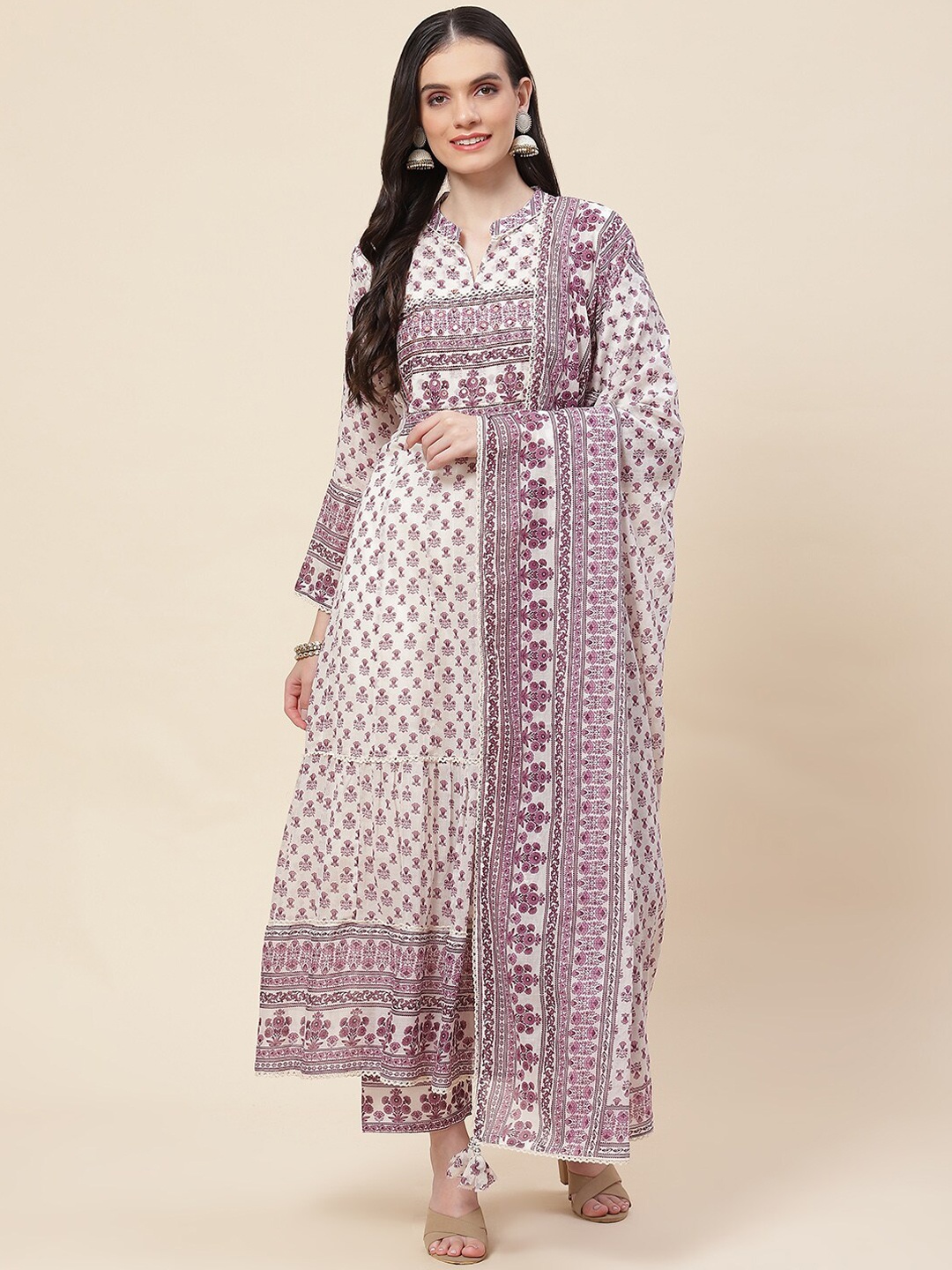 

Meena Bazaar Printed Mandarin Collar Mirror Work Kurta With Trousers & Dupatta, White