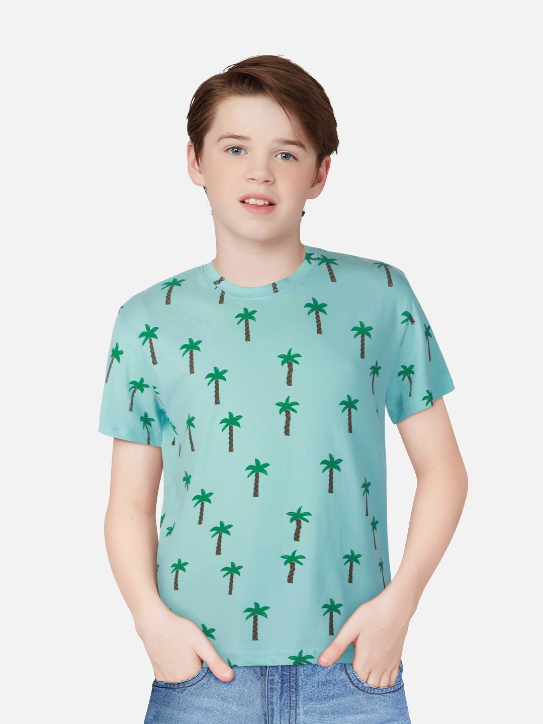 

Palm Tree Boys Floral Printed Cotton T-shirt, Sea green