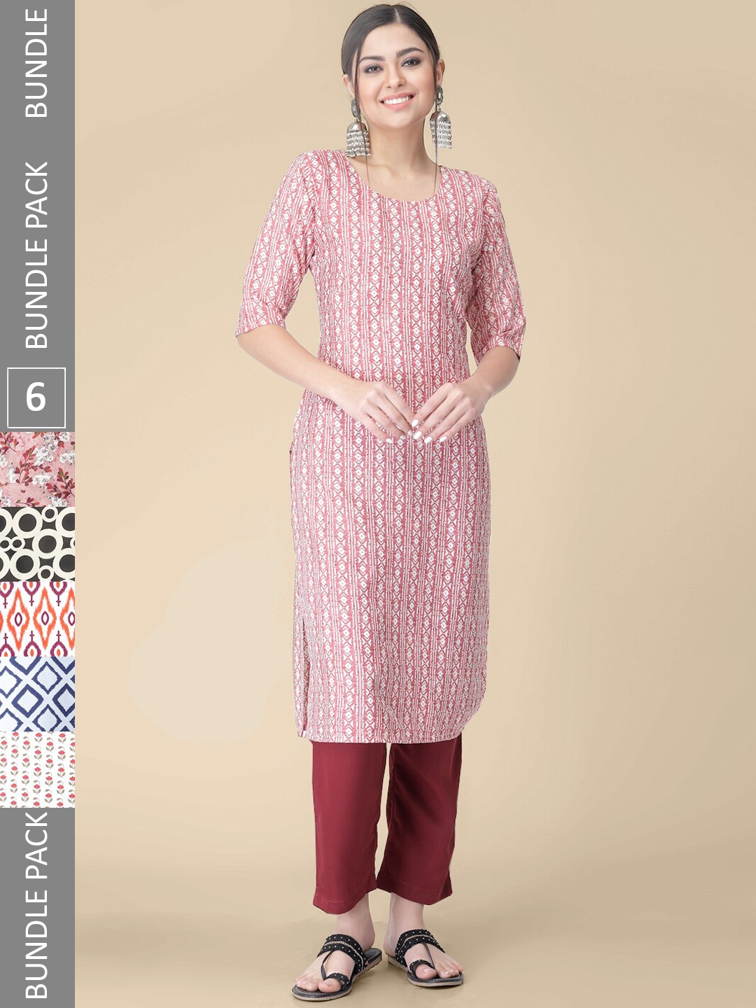 

7Threads Selection Of 6 Printed Kurtas, Peach