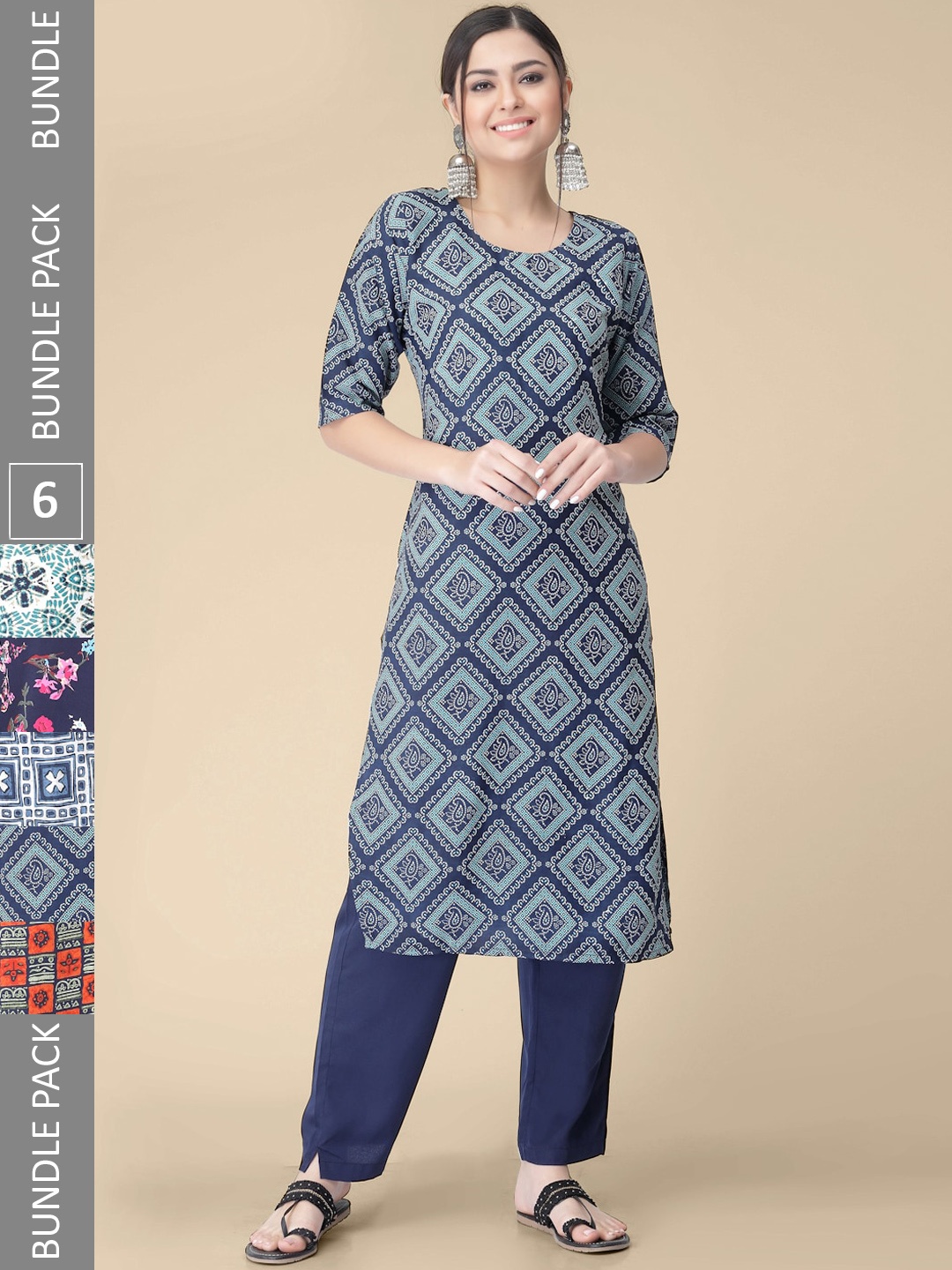 

7Threads Pack of 6 Printed Round Neck Kurtas, Navy blue