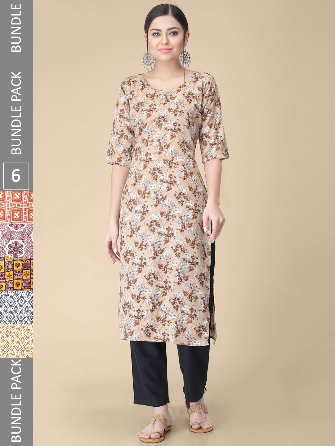 

7Threads Selection Of 6 Floral Printed Straight Kurta, Beige