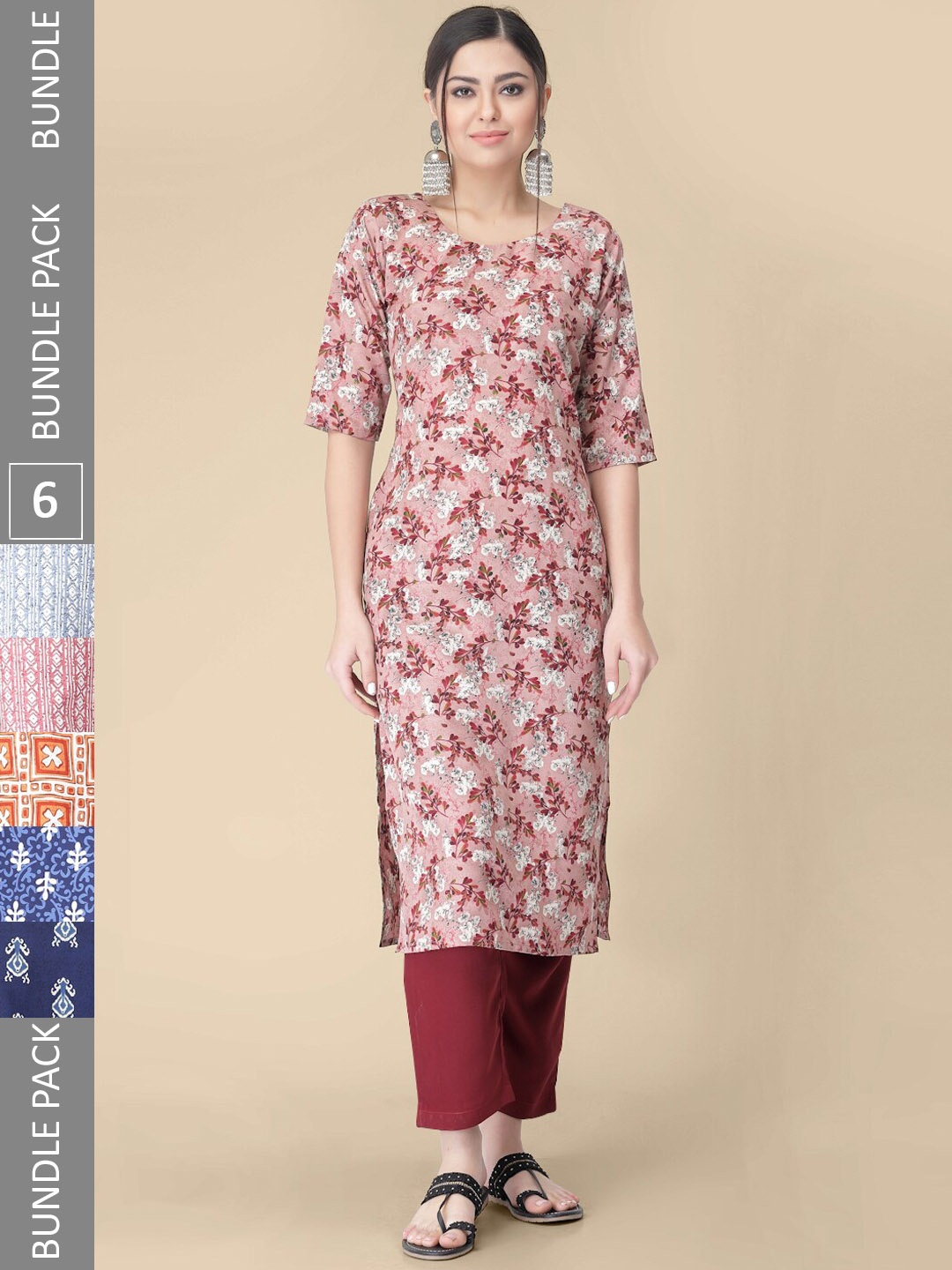 

7Threads Pack of 6 Ethnic Motif Printed Straight Kurta, Peach
