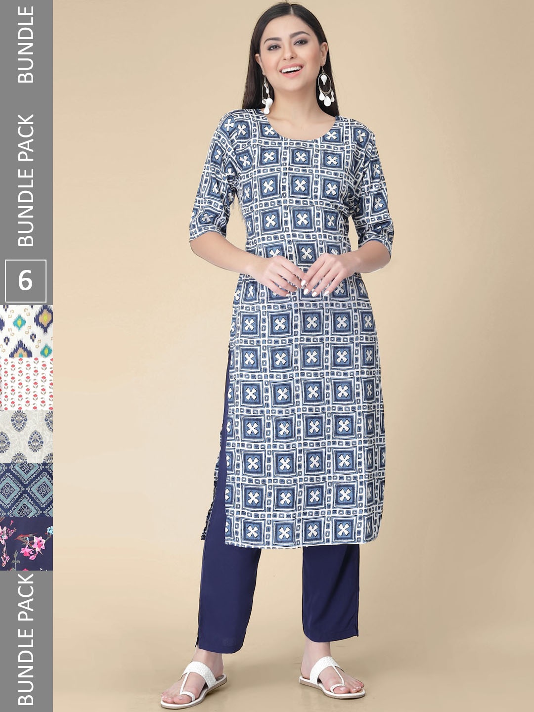 

7Threads Pack Of 6 Ethnic Motifs Printed Crepe Kurtas, Blue