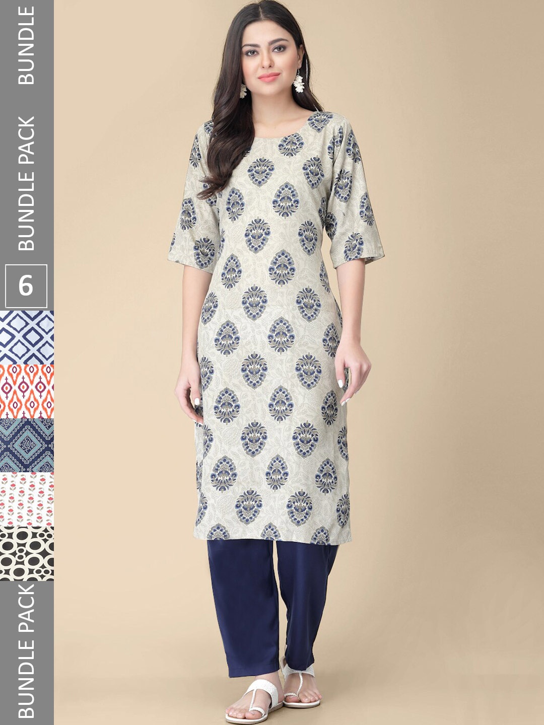 

7Threads Pack of 5 Printed Round Neck Crepe Straight Kurtas, Beige