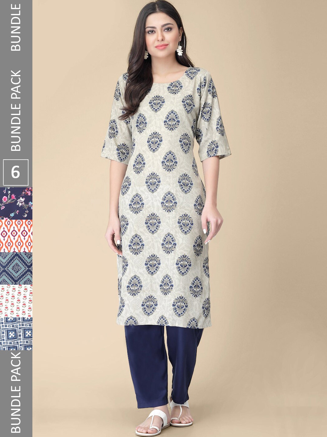 

7Threads Selection Of 6 Ethnic Motif Printed Straight Kurta, Beige