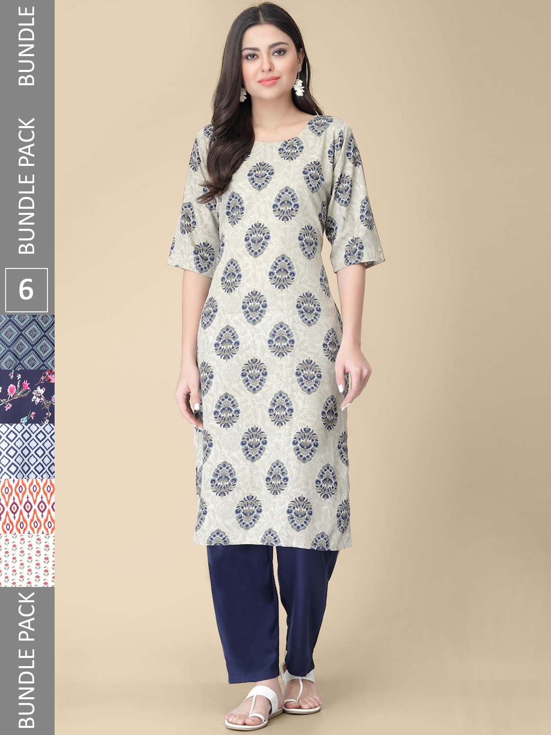 

7Threads Pack of 6 Ethnic Motif Printed Straight Kurta, Cream