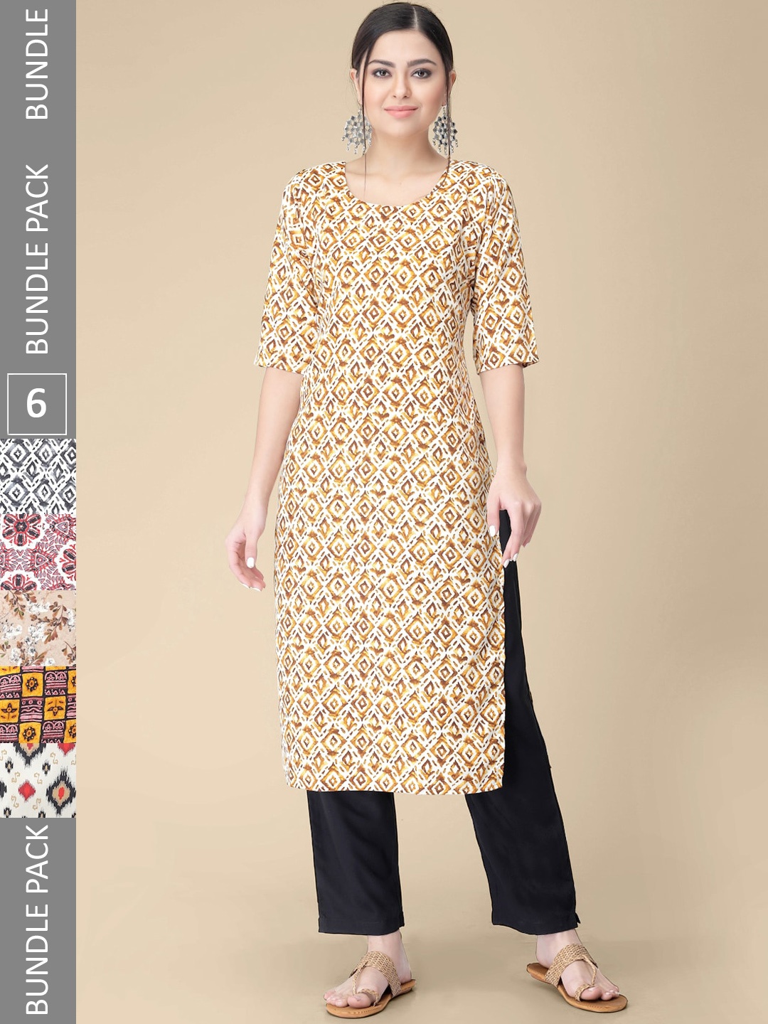 

KALINI Women Multicoloured Geometric Printed Keyhole Neck Flared Sleeves Sequinned Crepe Kurta, Multi