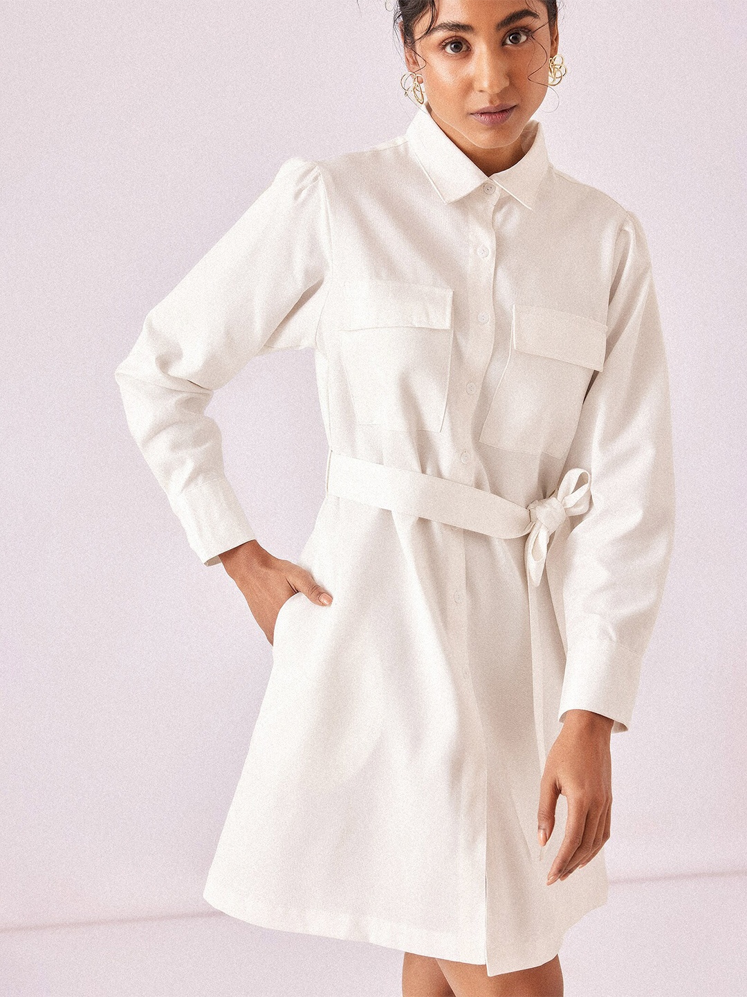 

The Label Life Puff Sleeves Belted Cotton Shirt Dress, White