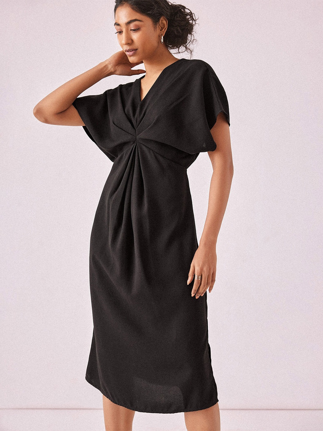 

The Label Life Extended Sleeves Gathered Midi A-Line Dress, Black