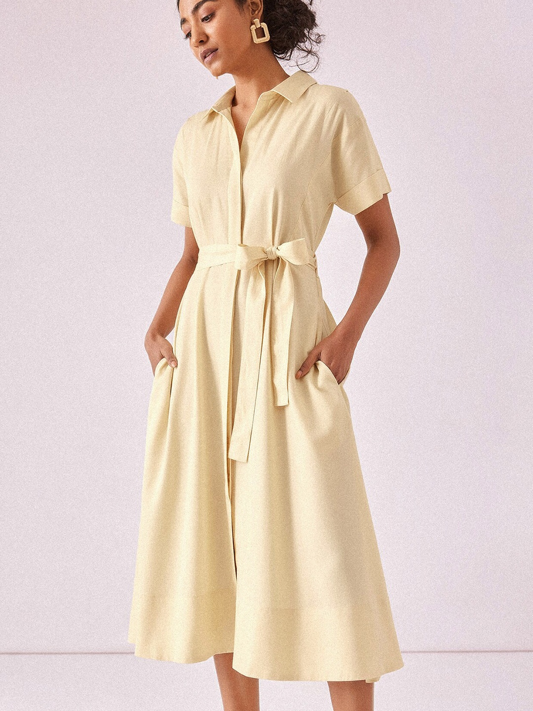 

The Label Life Extended Sleeves Belted Midi Shirt Dress, Beige