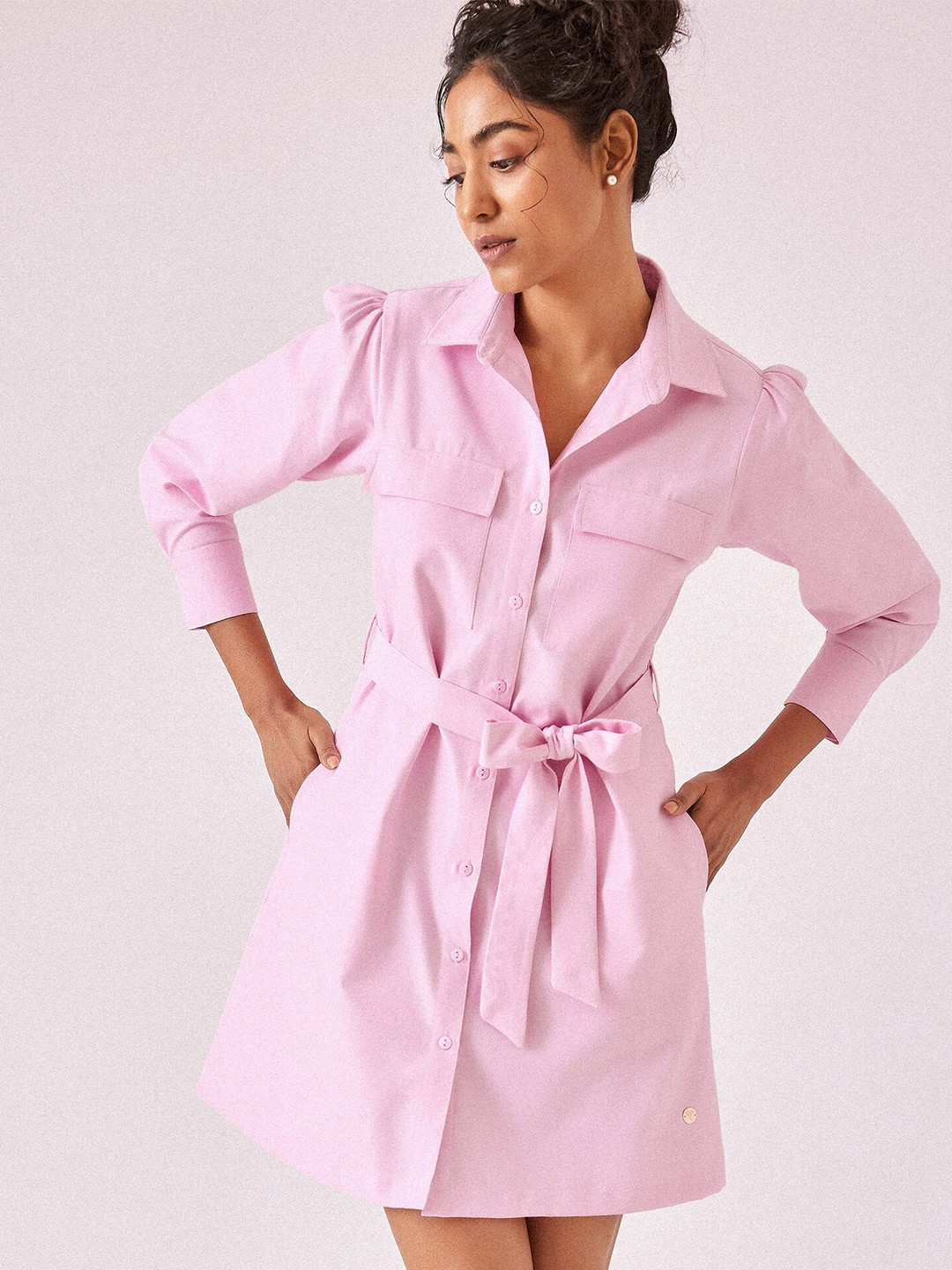 

The Label Life Puff Sleeves Belted Cotton Shirt Dress, Pink
