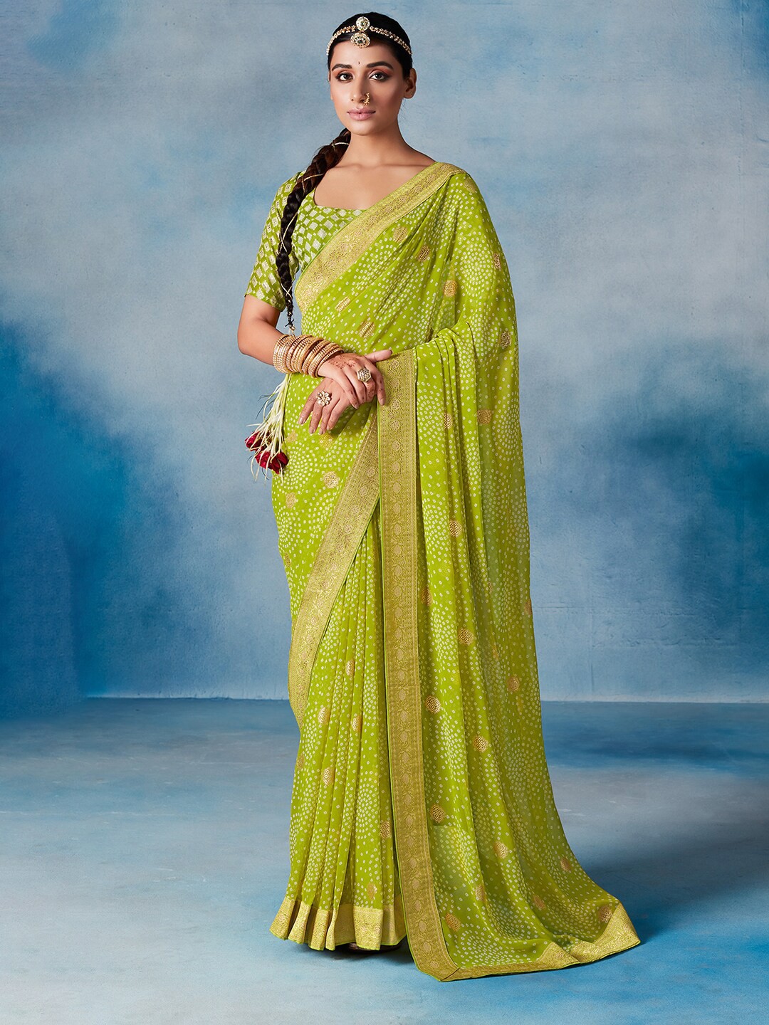 

Saree mall Lime Green & White Bandhani Zari Pure Georgette Bandhani Sarees