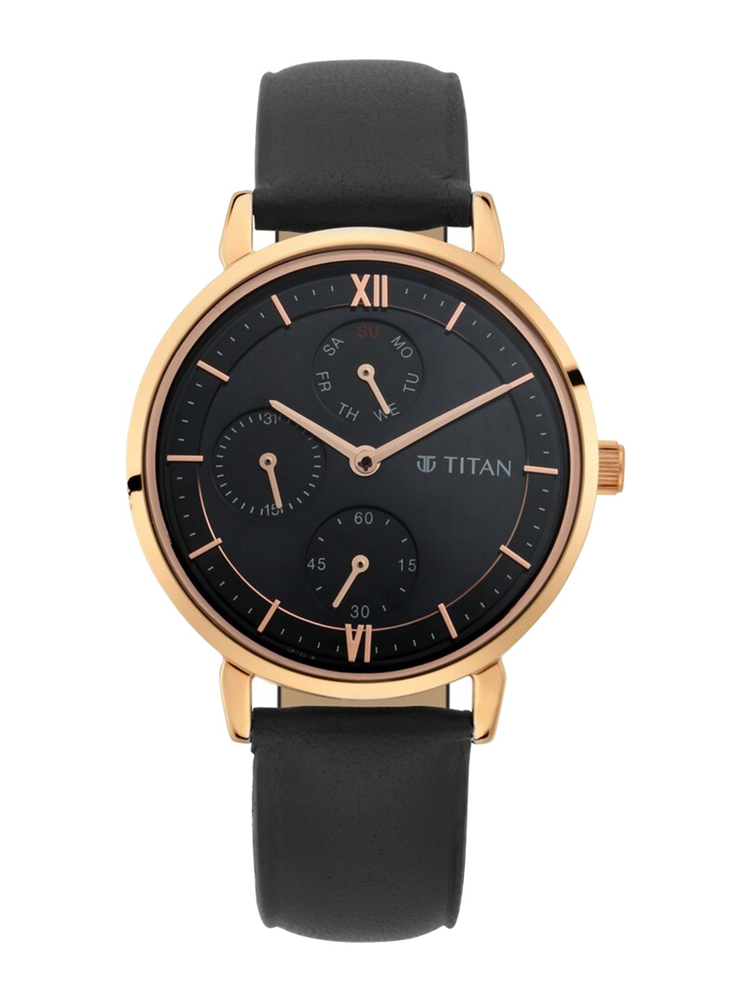 

Titan Women Brass Textured Dial & Leather Straps Analogue Watch NQ2652WL02, Black