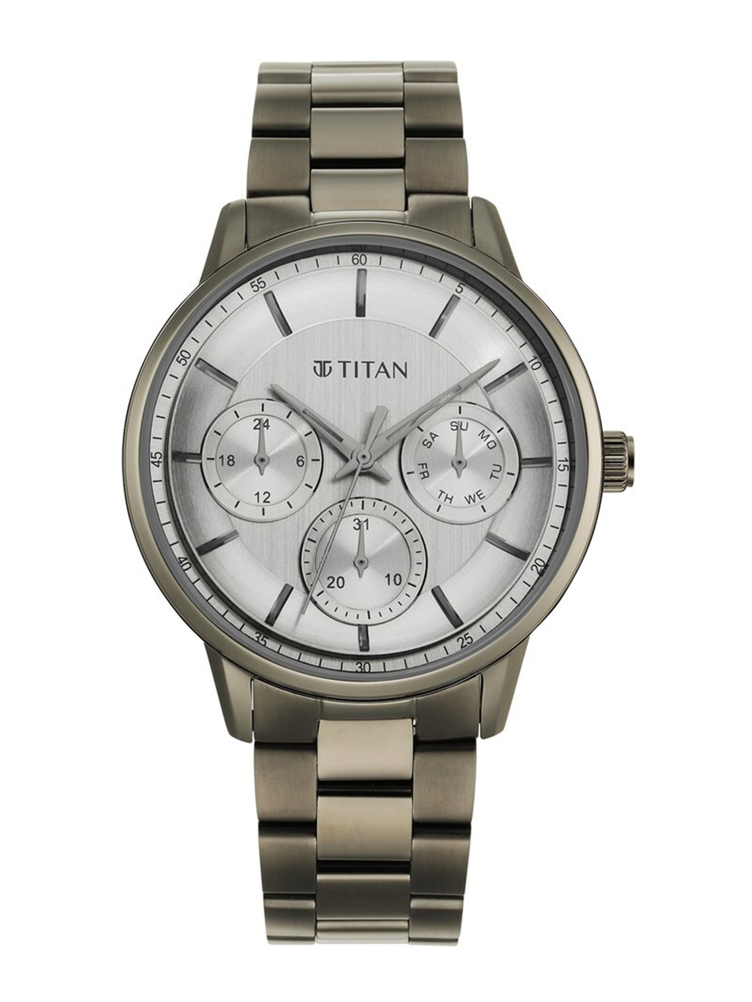 

Titan Men Textured Dial & Stainless Steel Bracelet Style Straps Analogue Watch 90133QM01, Black