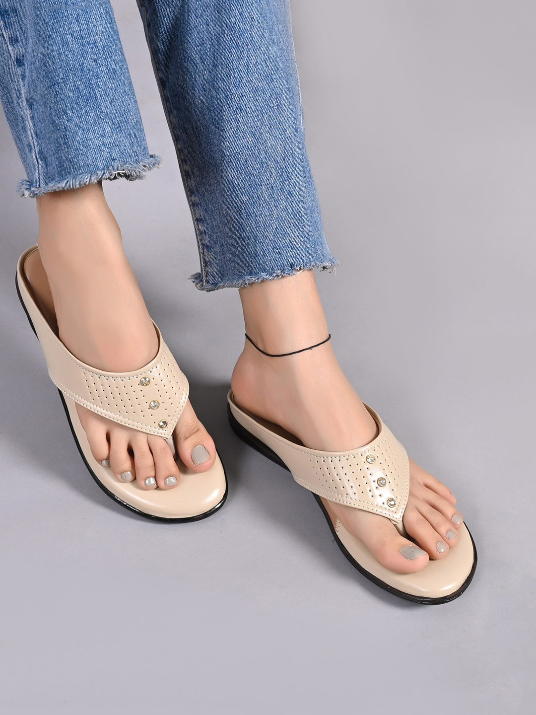 

Myra Women T-Strap Flats with Laser Cuts, Cream