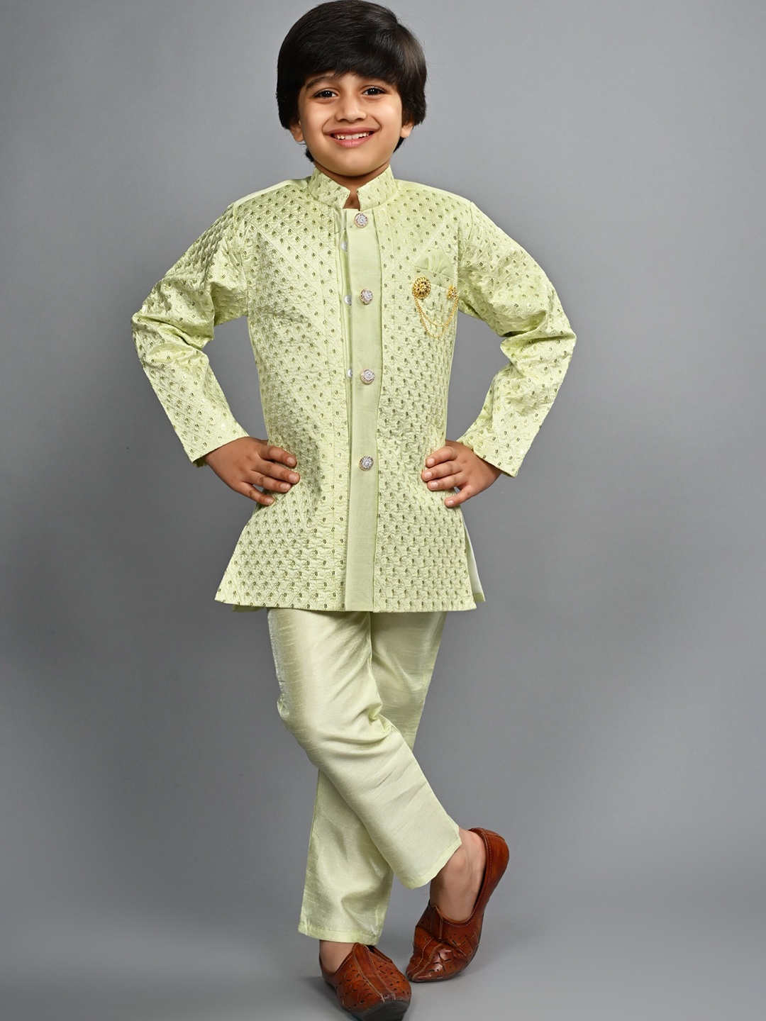 

ahhaaaa Boys Embroidered Ethnic Sherwani Set, Green