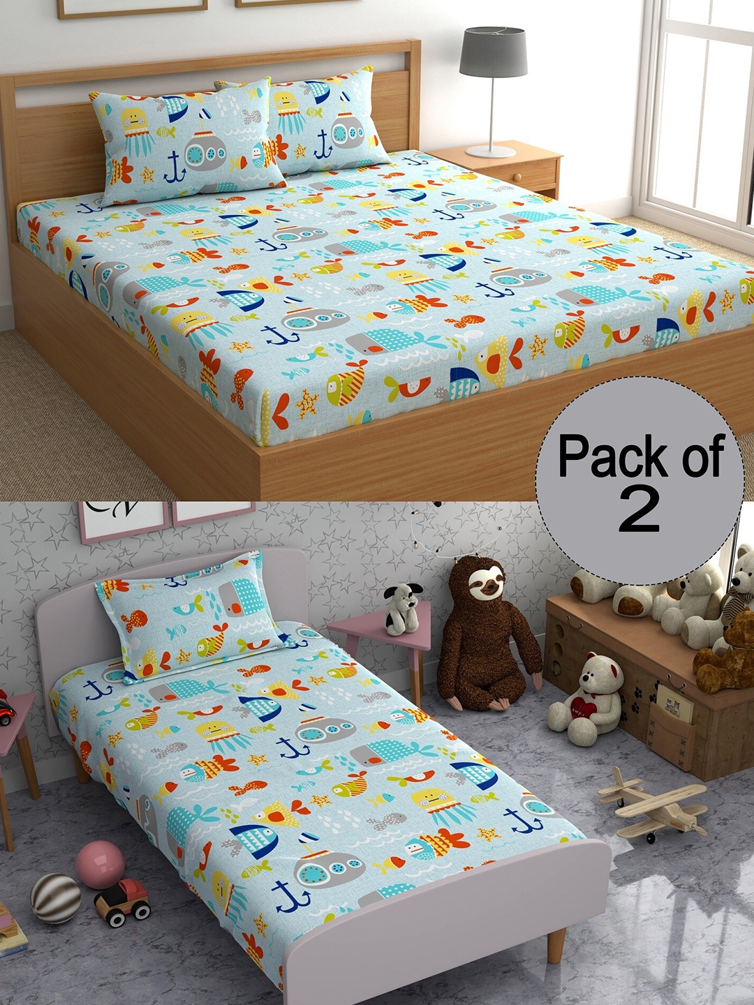 

CHHAVI INDIA Blue & Yellow Graphic Printed 210 TC 2 Bedsheet Set With 3 Pillow Covers
