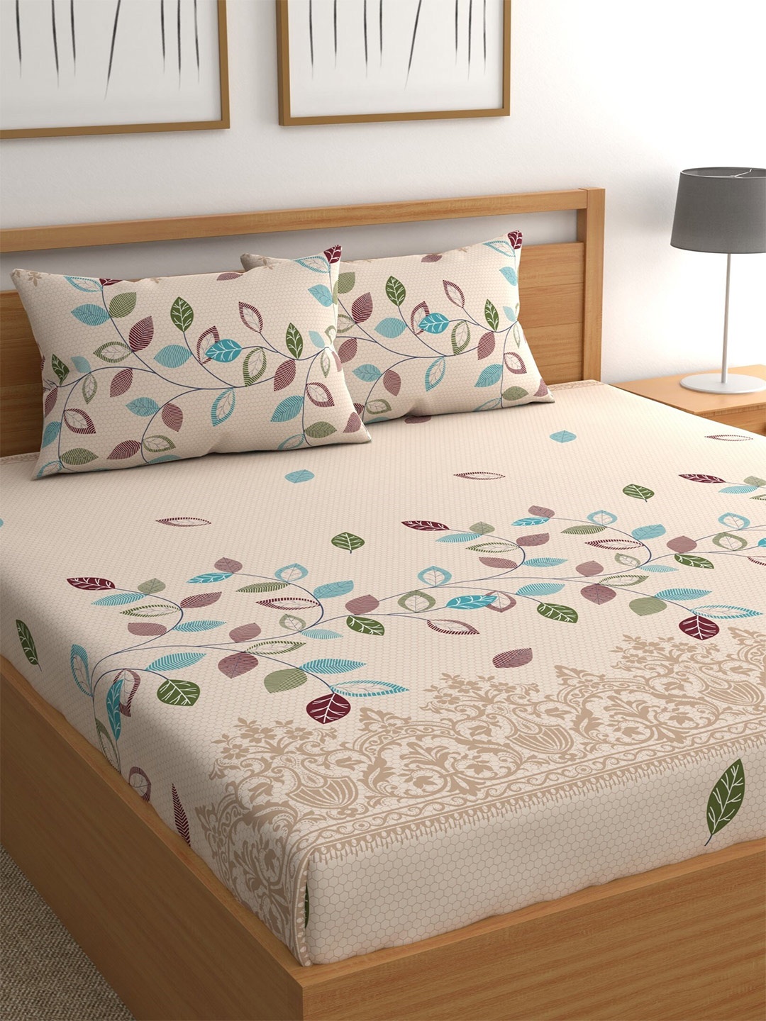 

CHHAVI INDIA Beige & Blue Floral 210 TC 2 Queen Bedsheet with 3 Pillow Covers