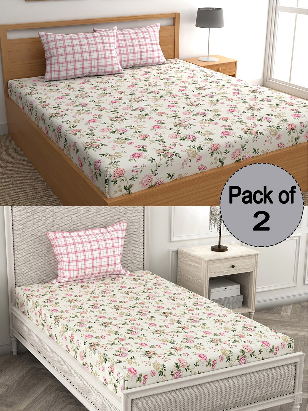 

CHHAVI INDIA White & Pink Floral Printed 210 TC 2 Bedsheet Set With 3 Pillow Covers