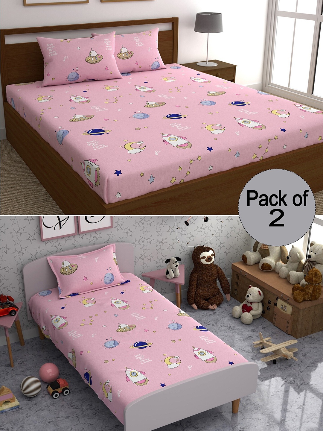 

CHHAVI INDIA Pink & White Graphic Printed 210 TC 2 Bedsheet Set With 3 Pillow Covers