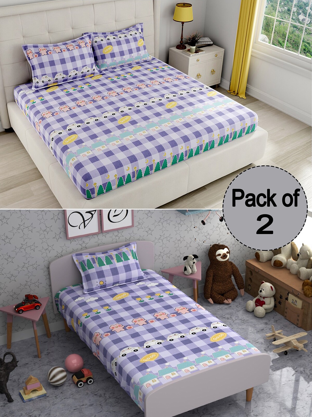 

CHHAVI INDIA Kids Blue Printed 210 TC 2 Bedsheet & 3 Pillow Covers