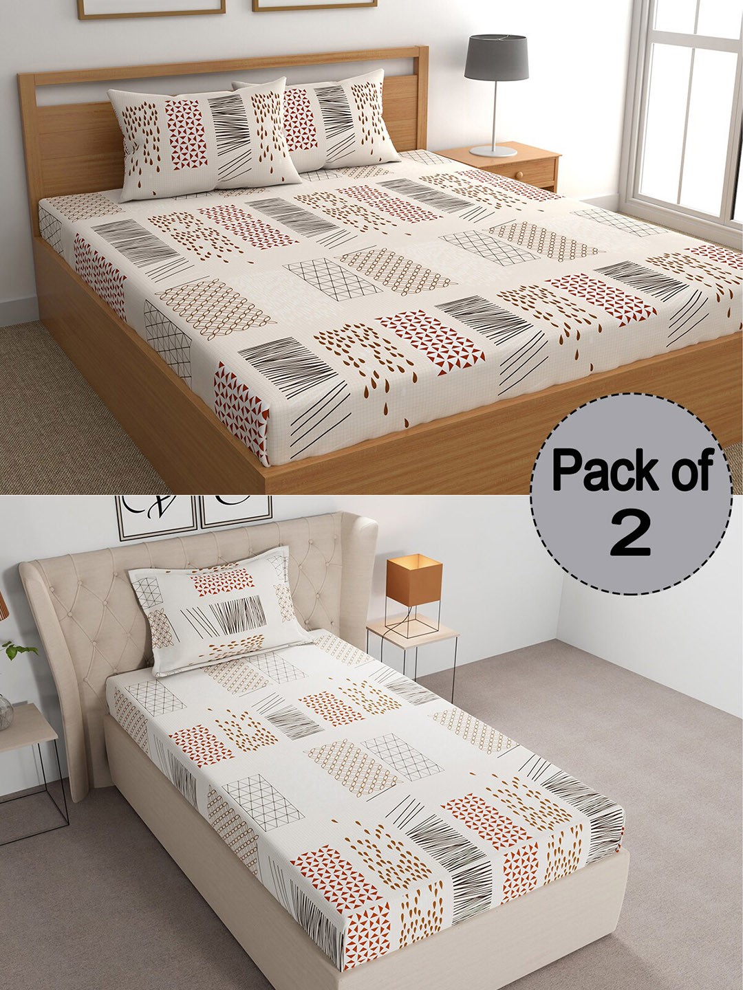 

CHHAVI INDIA Beige & Brown Geometric Printed 210 TC 2 Bedsheet & 3 Pillow Covers