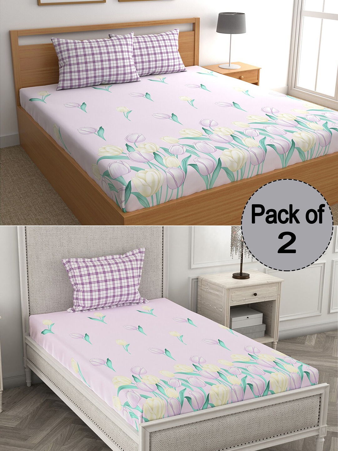 

CHHAVI INDIA Purple & Yellow Floral 210 TC 2 Queen Bedsheet with 3 Pillow Covers