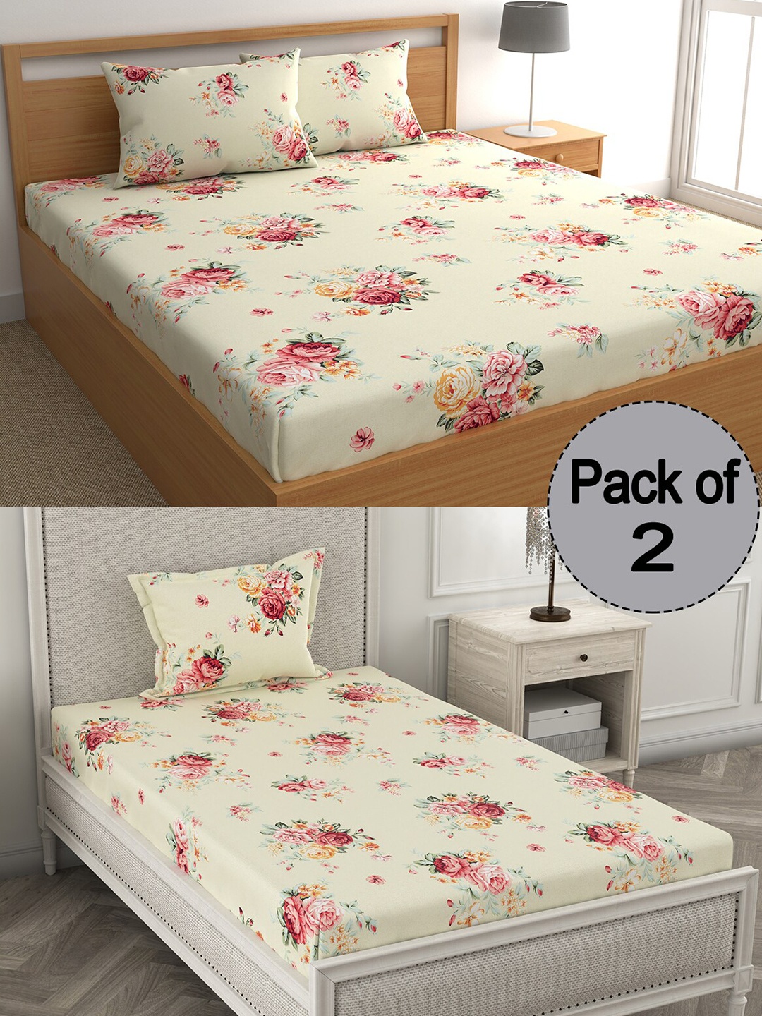 

CHHAVI INDIA Peach-Coloured & Red Floral 210 TC 2 Queen Bedsheet with 3 Pillow Covers