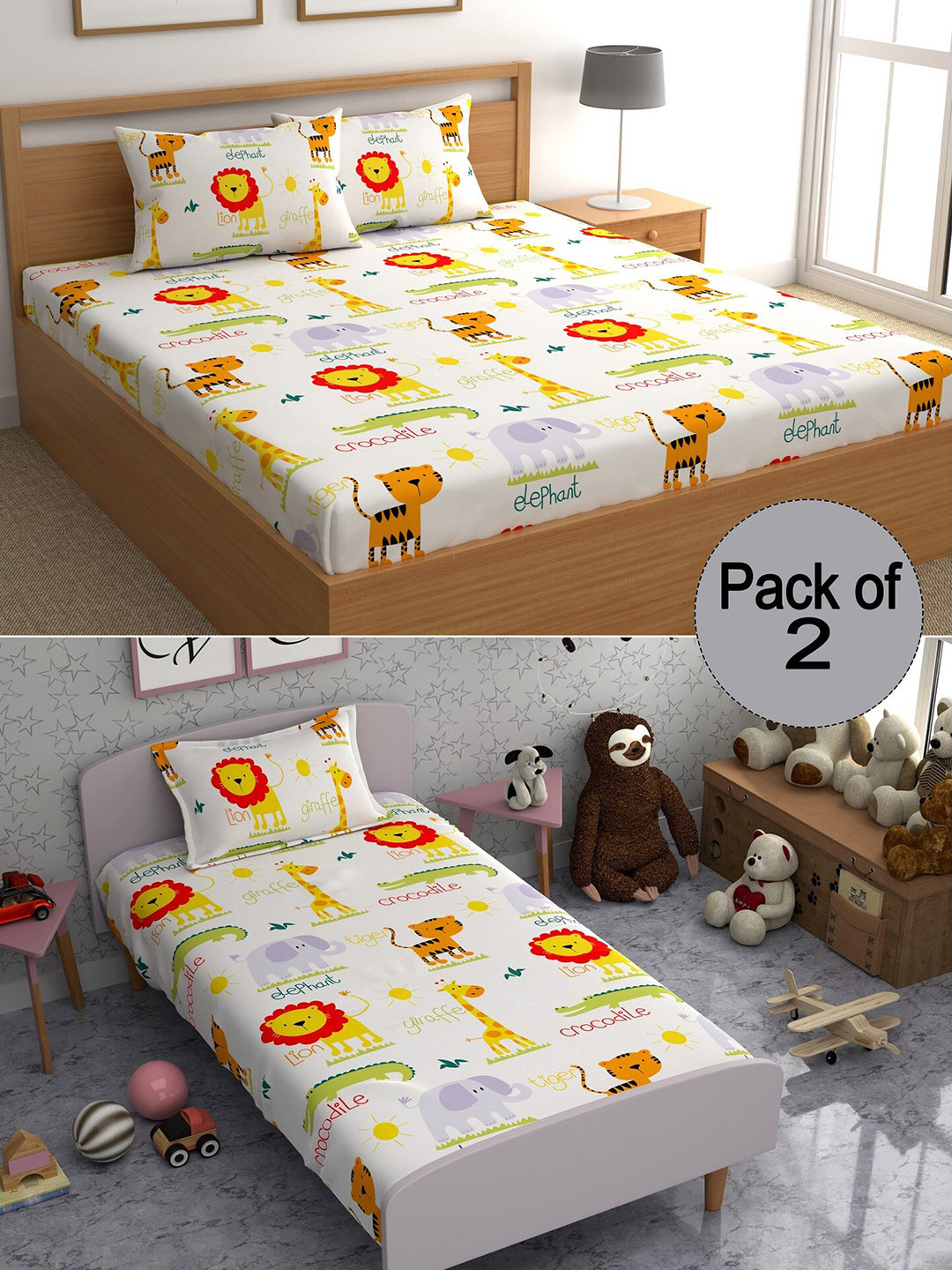 

CHHAVI INDIA White & Yellow Graphic Printed 210 TC 2 Bedsheet Set With 3 Pillow Covers