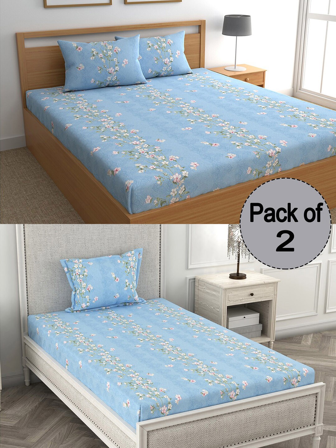 

CHHAVI INDIA Blue & White Floral Printed 210 TC 2 Bedsheet Set With 3 Pillow Covers