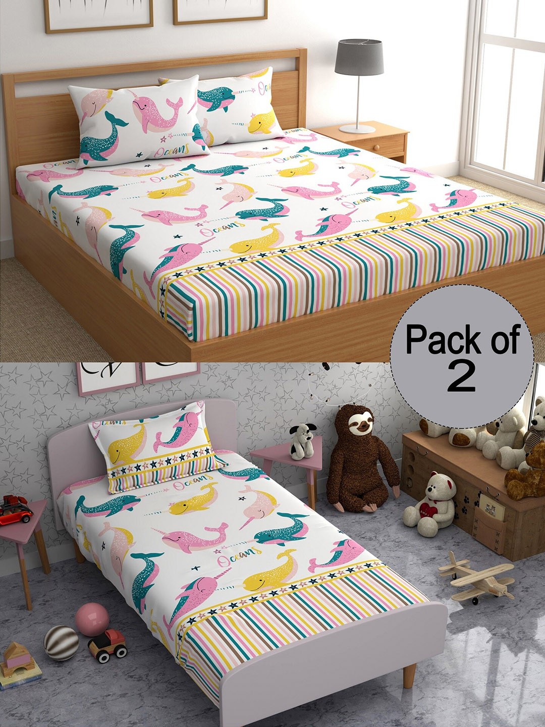 

CHHAVI INDIA Kids White & Blue Graphic Printed 210 TC 2 Bedsheet & 3 Pillow Covers