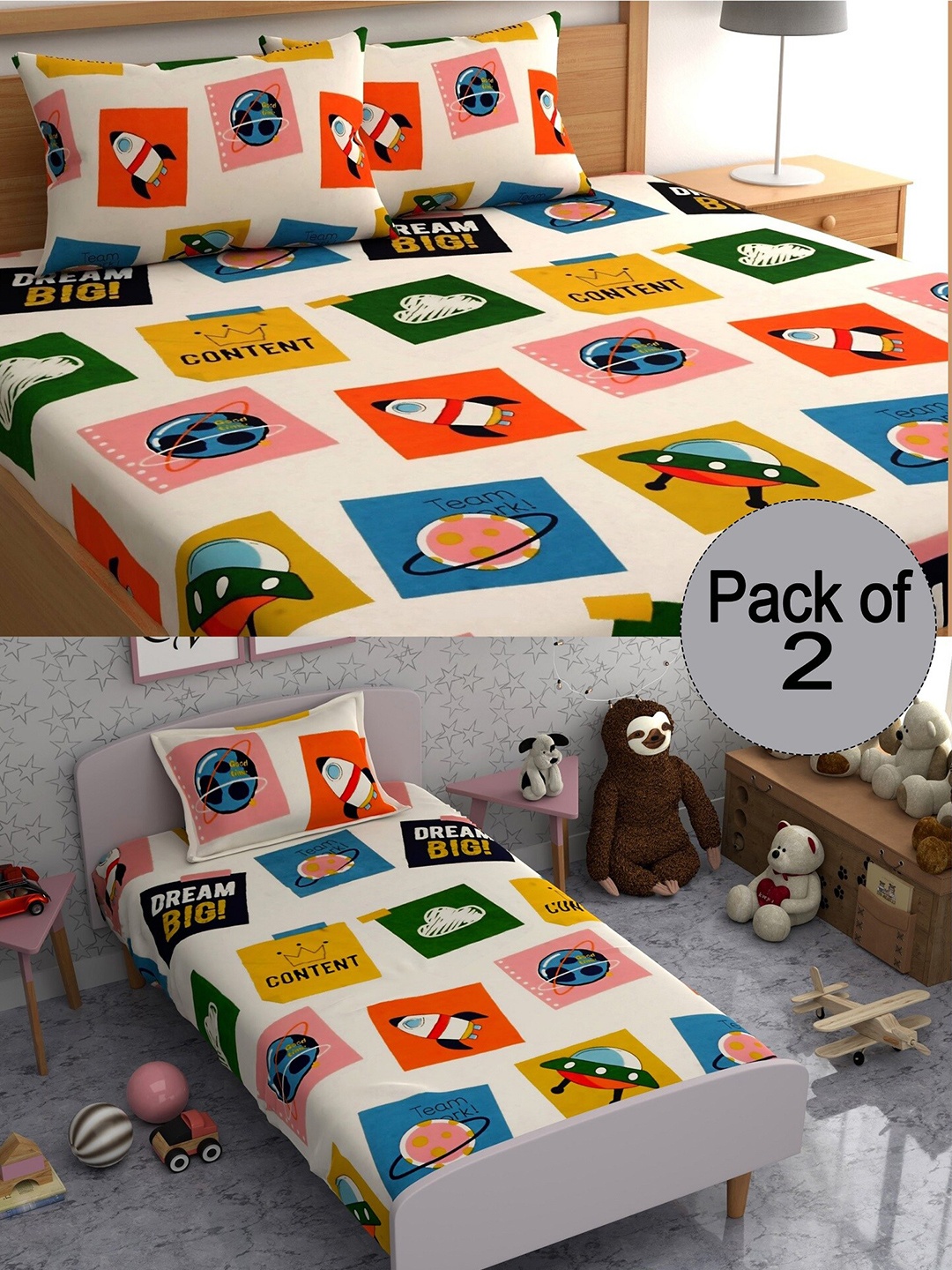 

CHHAVI INDIA Yellow & Red Graphic Printed 210 TC 2 Bedsheet Set With 3 Pillow Covers