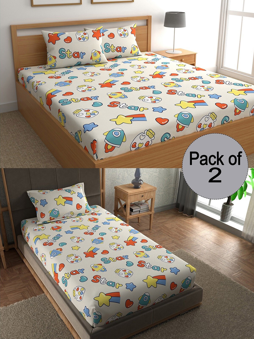 

CHHAVI INDIA Beige & Yellow Graphic Printed 210 TC 2 Bedsheet Set With 3 Pillow Covers