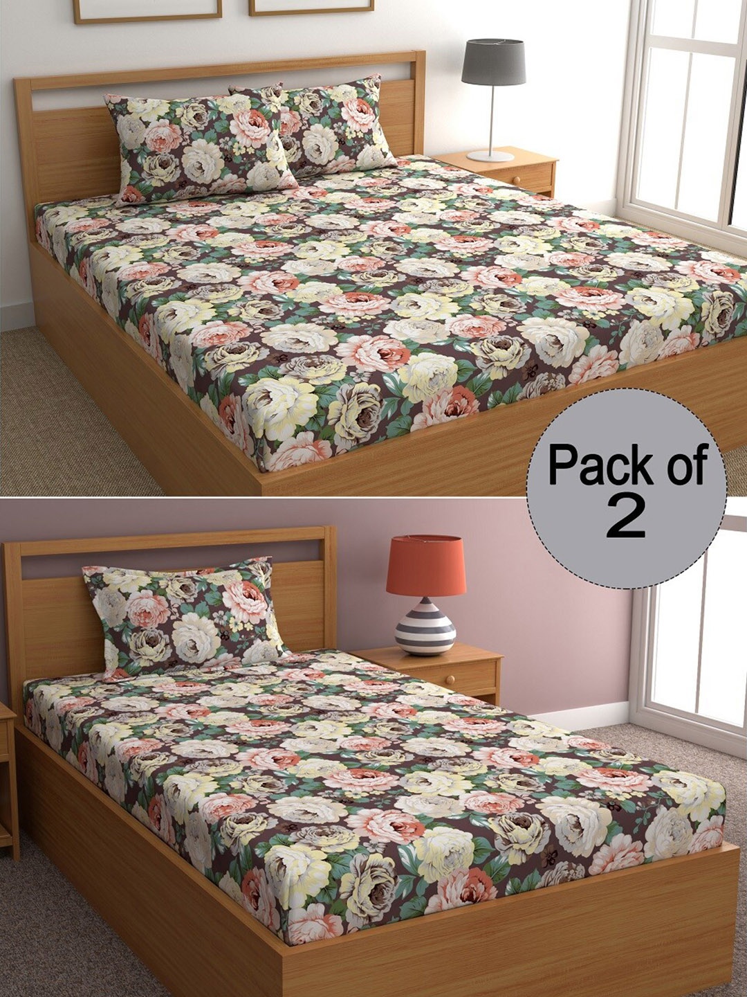 

CHHAVI INDIA Brown & Green Floral Printed 210 TC 2 Bedsheet & 3 Pillow Covers