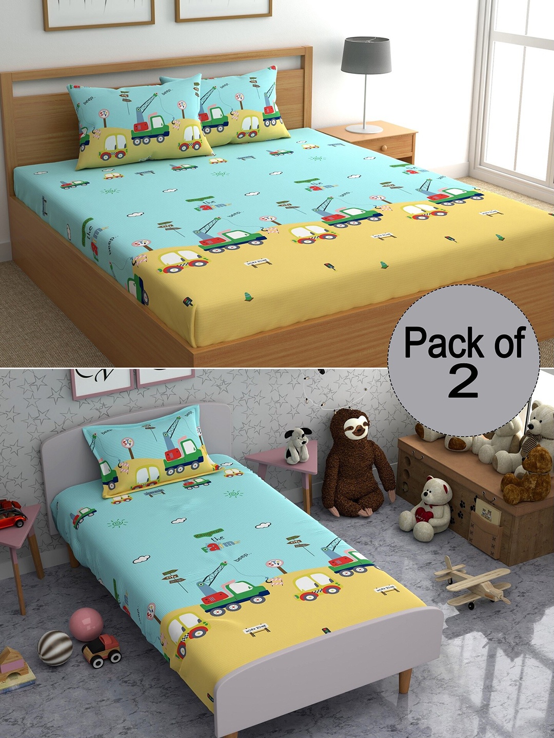 

CHHAVI INDIA Kids Blue & Yellow Graphic Printed 210 TC 2 Bedsheet & 3 Pillow Covers