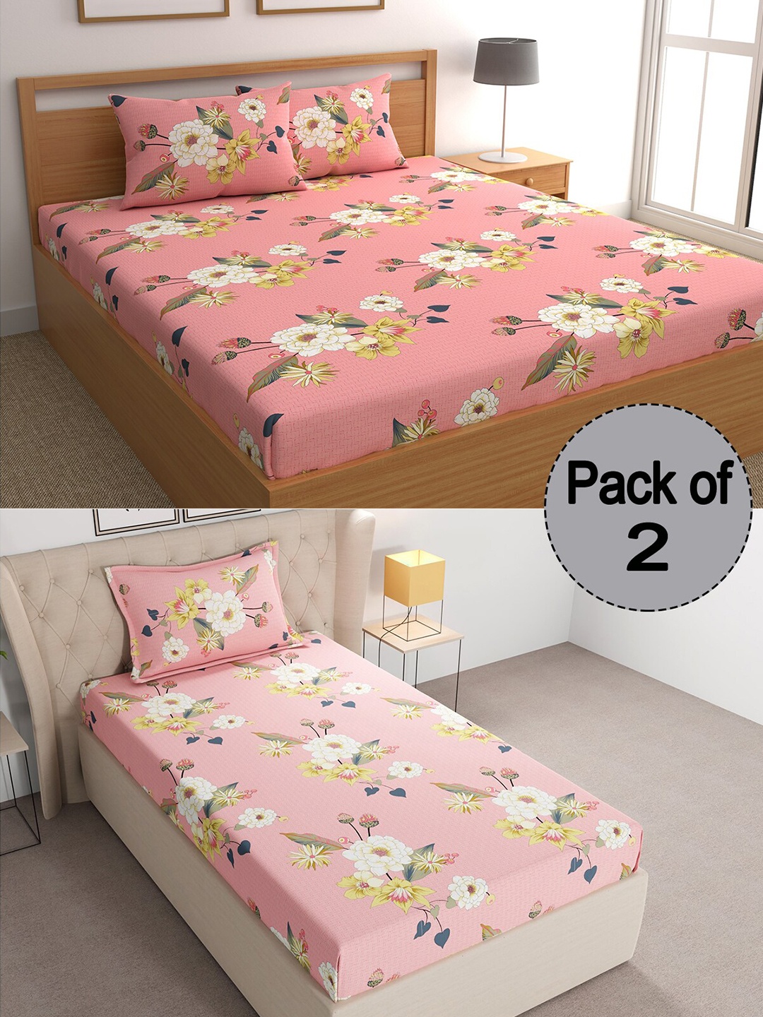 

CHHAVI INDIA Pink & White Floral Printed 210 TC 2 Bedsheet Set With 3 Pillow Covers