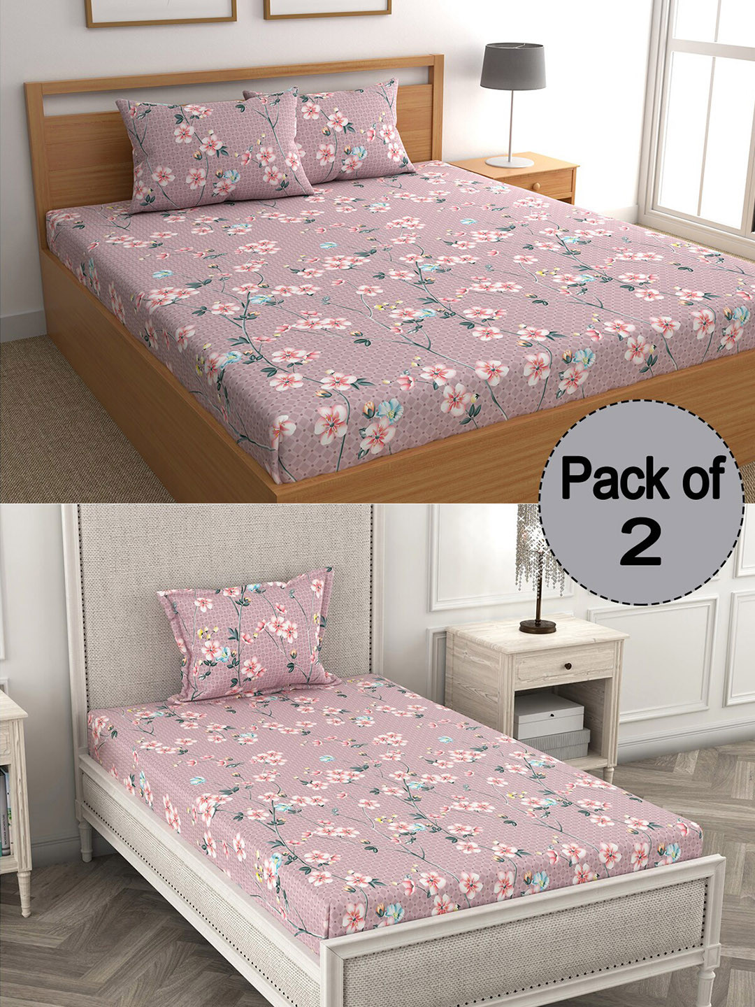 

CHHAVI INDIA Peach & White Floral Printed 210 TC 2 Bedsheet Set With 3 Pillow Covers