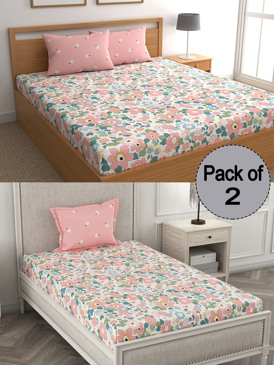 

CHHAVI INDIA Pink & White Floral Printed 210 TC 2 Bedsheet Set With 3 Pillow Covers