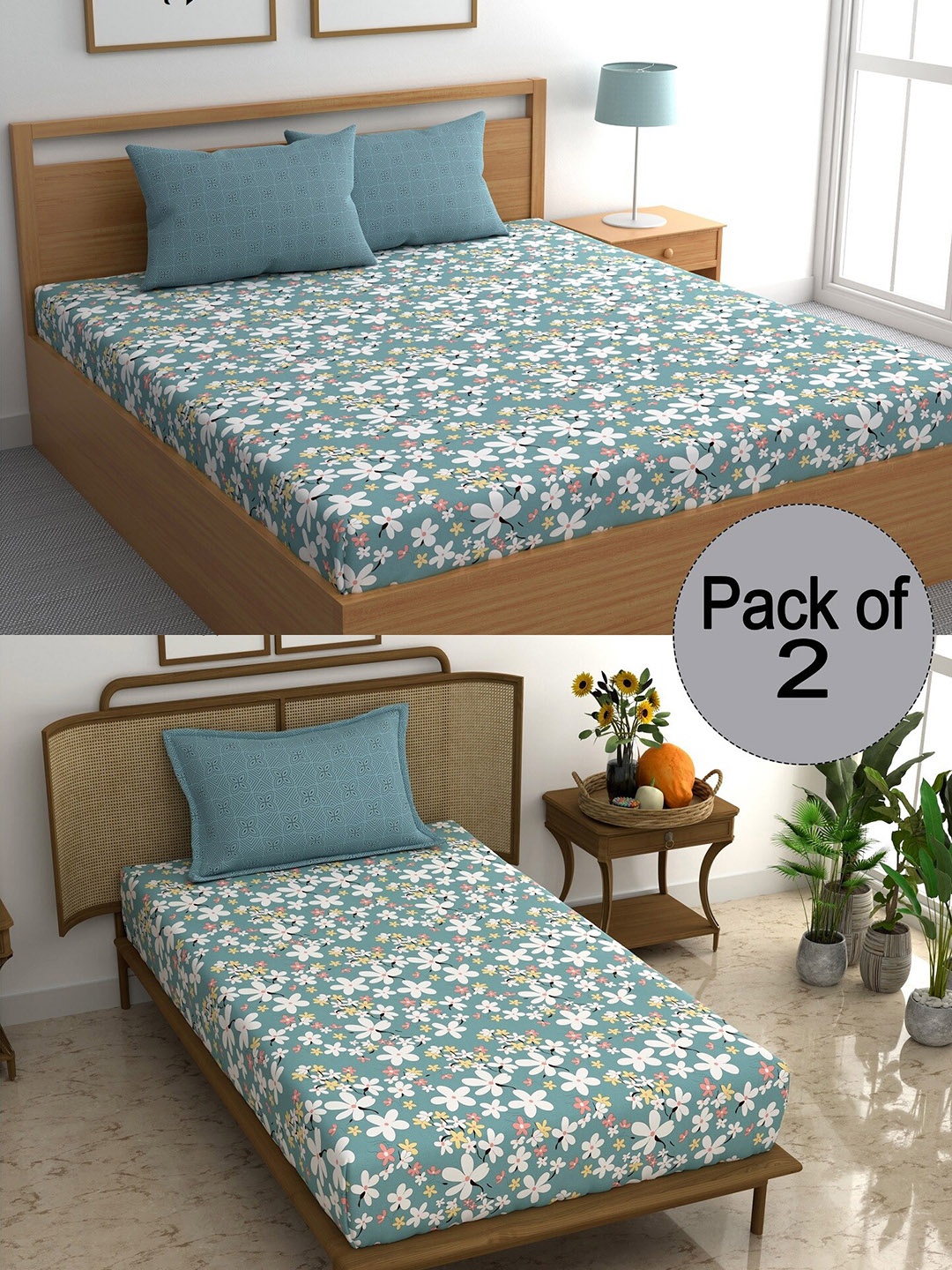 

CHHAVI INDIA Grey & White Floral Printed 210 TC 2 Bedsheet & 3 Pillow Covers