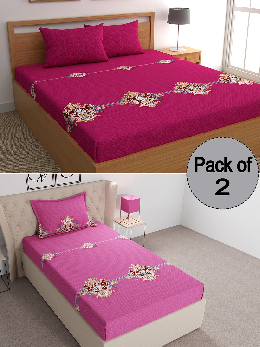 

CHHAVI INDIA Pink & Blue Ethnic Motifs Printed 210 TC 2 Bedsheet Set With 3 Pillow Covers, Red