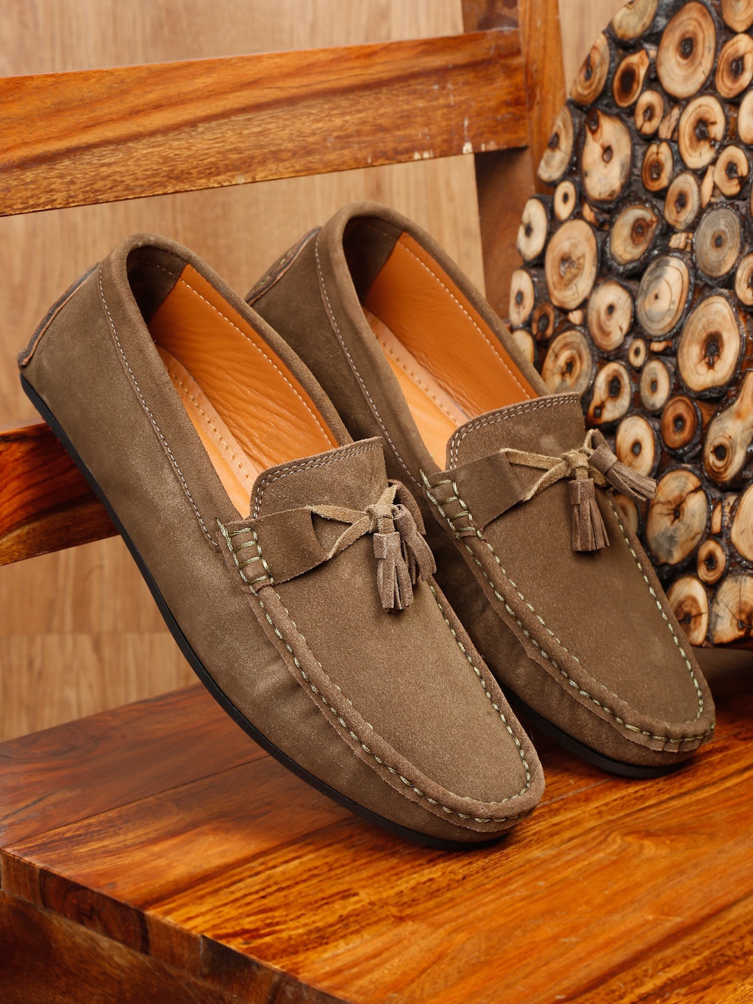 

Teakwood Leathers Men Lightweight Suede Tassel Loafers, Olive