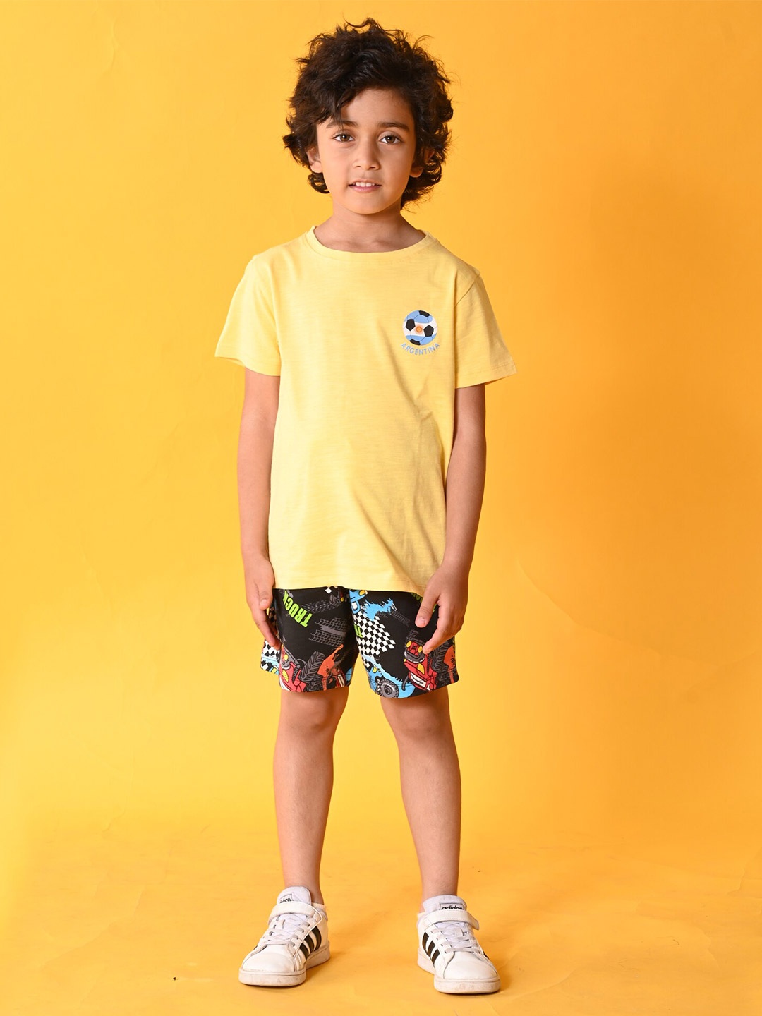 

Anthrilo Boys Printed Pure Cotton T-shirt with Shorts, Yellow