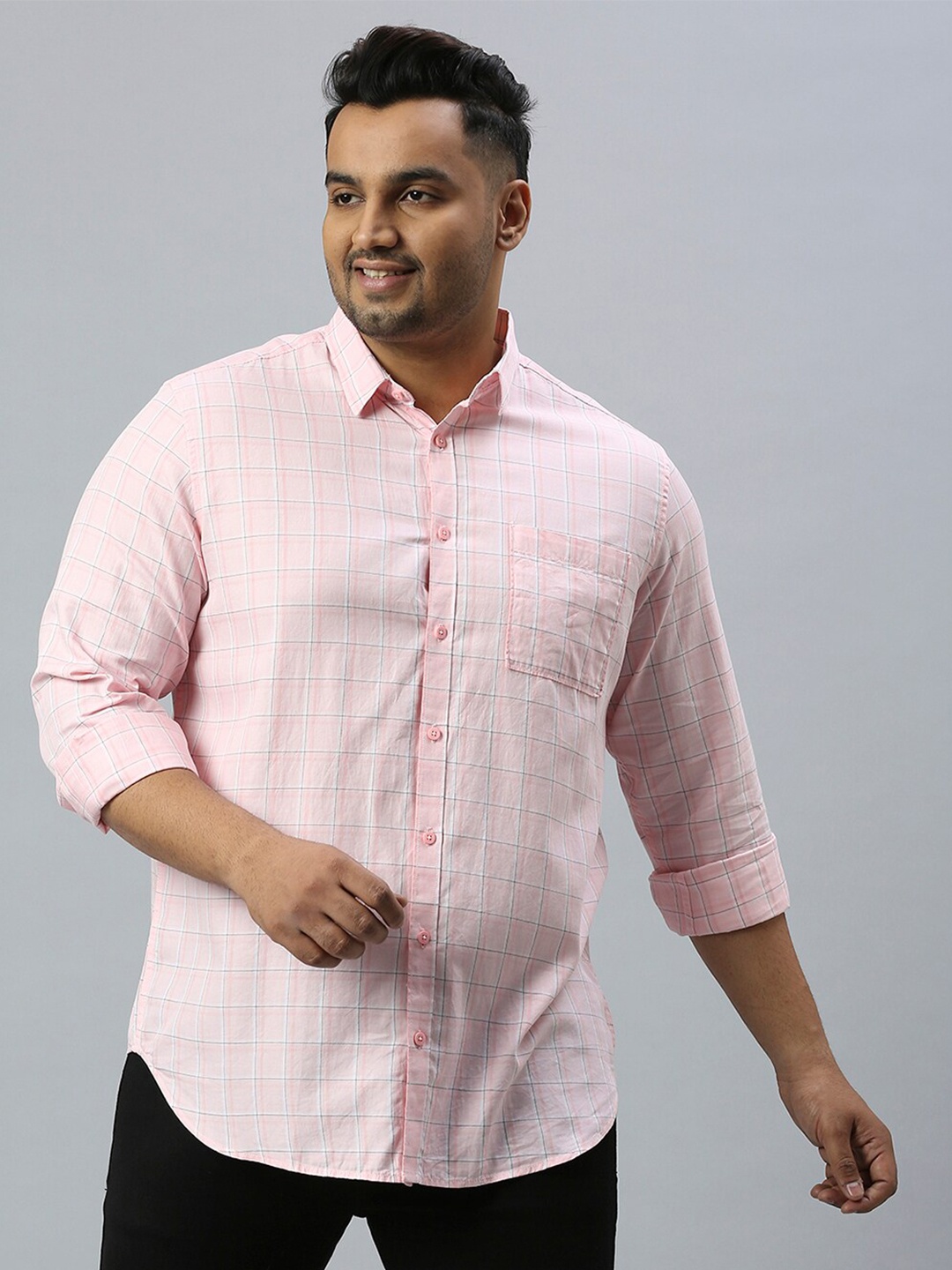 Sztori Plus Size Classic Windowpane Checked Pure Cotton Casual Shirt, Pink