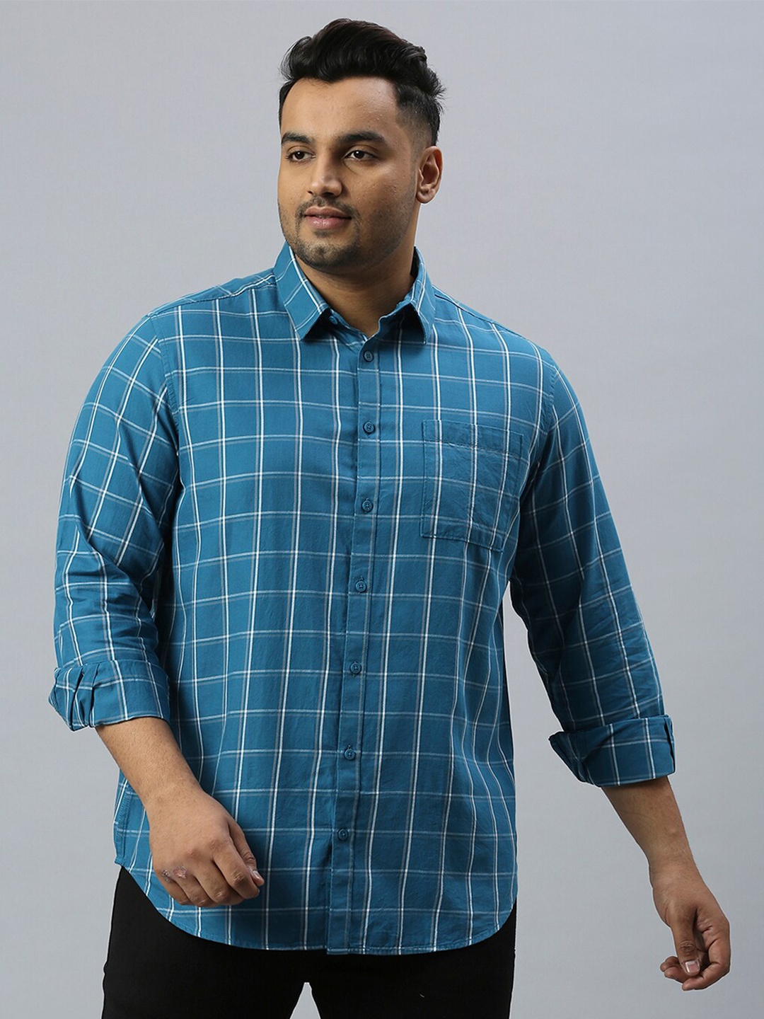 

Sztori Plus Size Classic Windowpane Checked Pure Cotton Casual Shirt, Teal