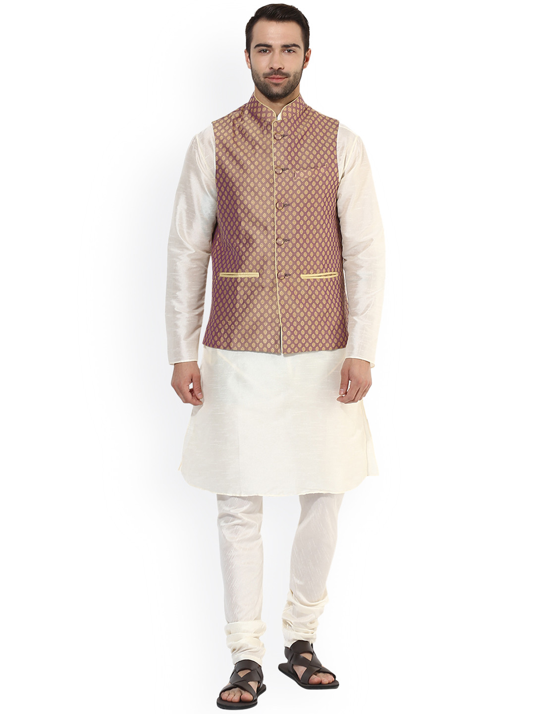 

KISAH Men Off-White & Mauve Self Design Kurta with Churidar & Nehru Jacket