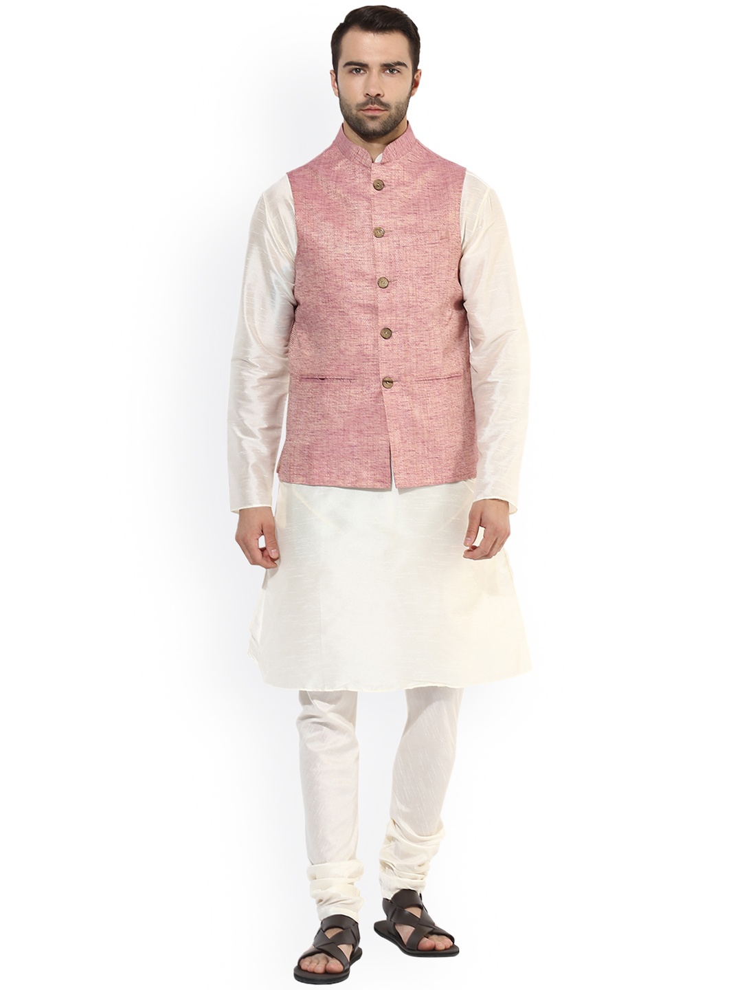 

KISAH Men Off-White & Pink Self Design Kurta with Churidar & Nehru Jacket