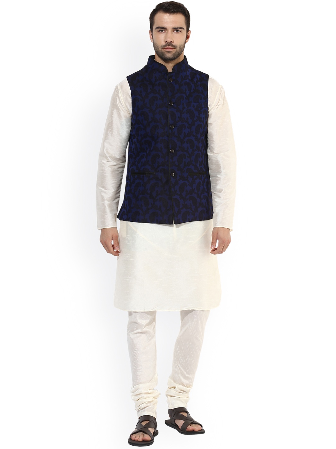 

KISAH Men Off-White & Navy Blue Self Design Kurta with Churidar & Nehru Jacket