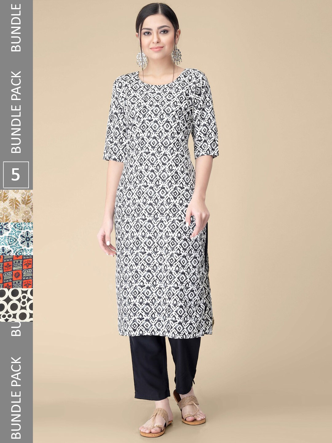 

7Threads Women Pack Of 5 Floral Printed Straight Crepe Kurta, Beige