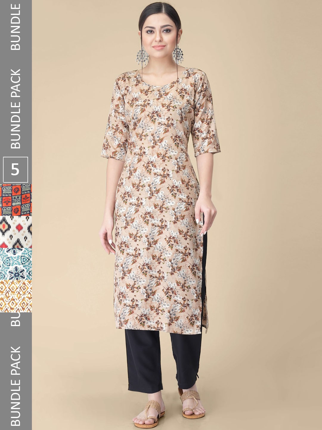 

7Threads Selection Of 5 Printed Kurtas, Beige