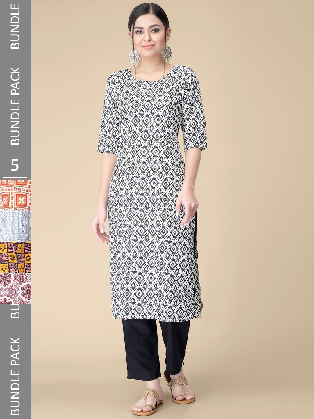 

7Threads Pack of 5 Printed Round Neck Crepe Straight Kurtas, Black